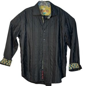 Robert Graham Button Up Shirt Checkerboard Long Sleeve Black‎ Pintuck Detail XL